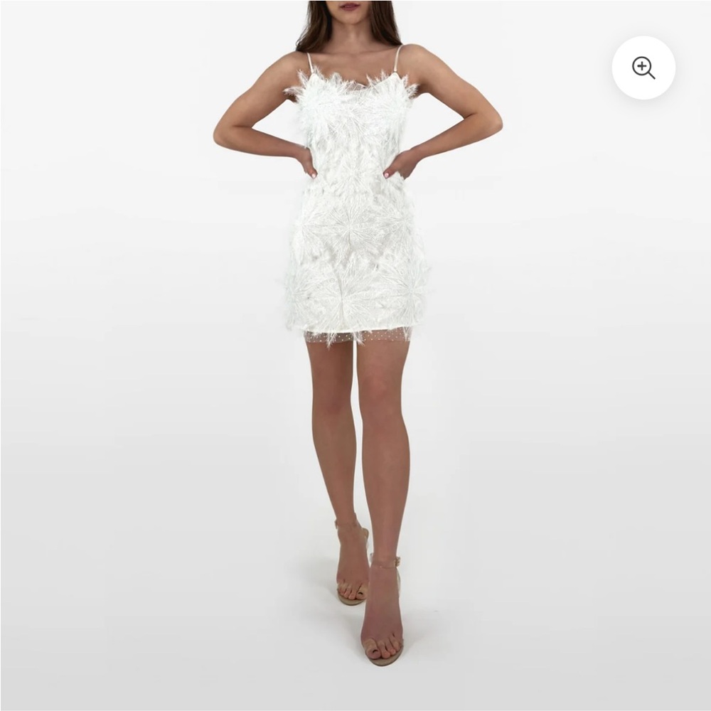 Feather-Trim Mini Dress in White